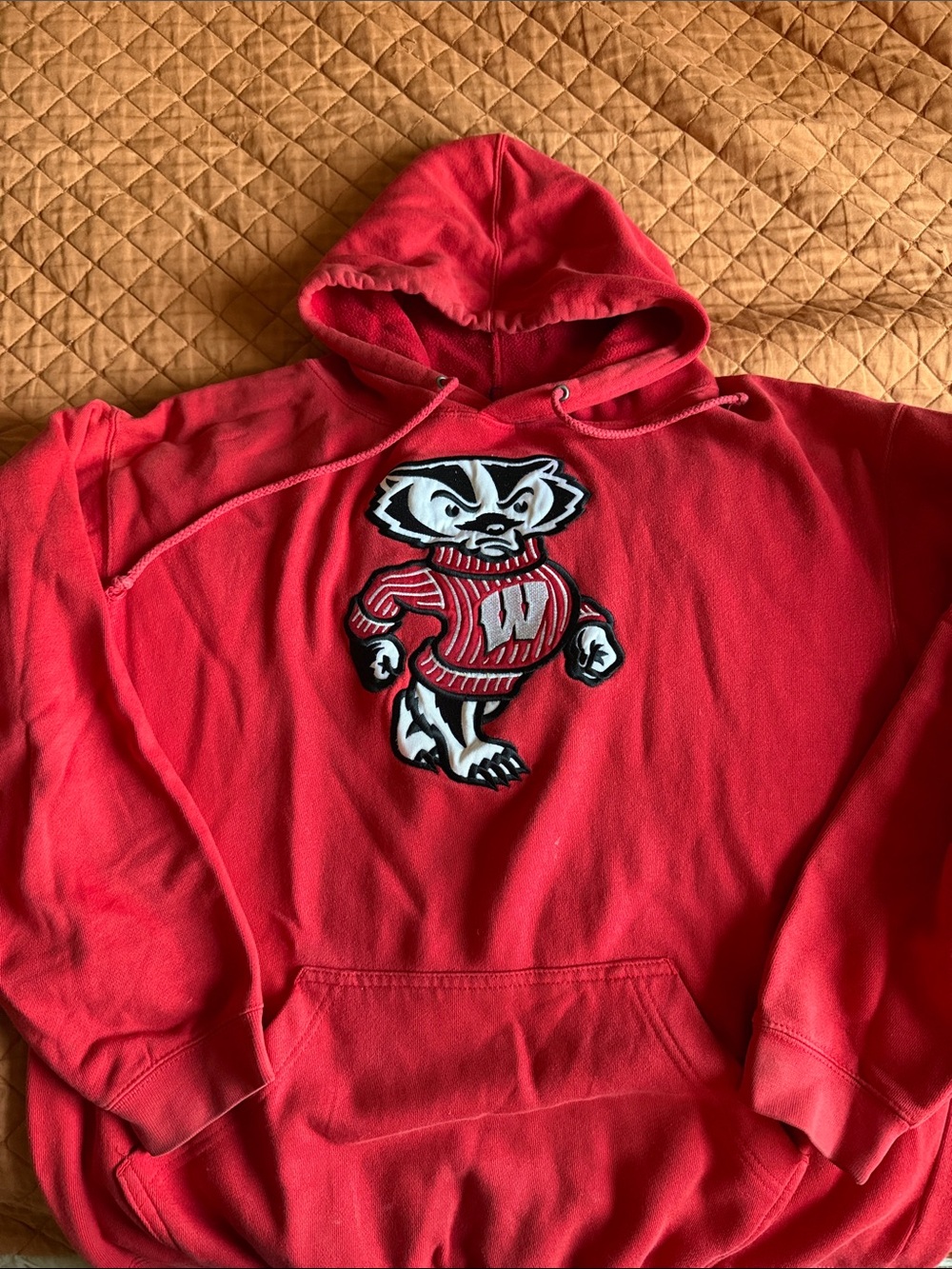 Men's Red Crewneck Hoodie with Wisconsin Bucky Badger Patch